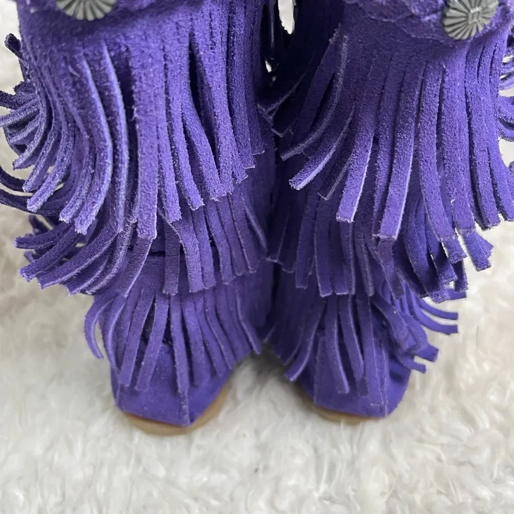 Minnetonka little girl leather suede purple fringe layers knee high boots SZ9